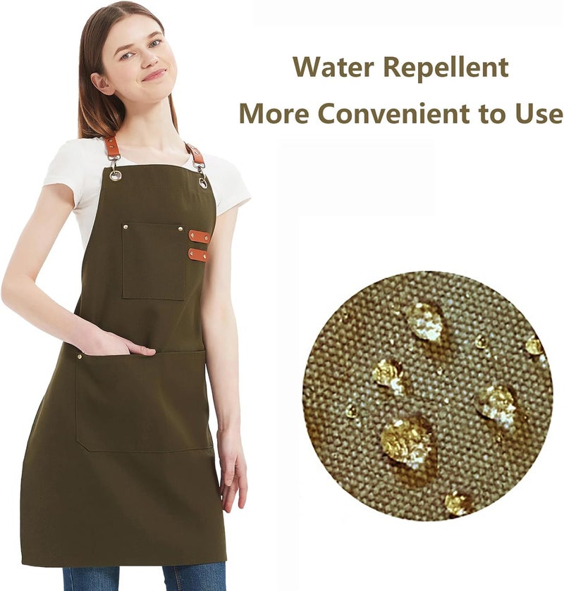 AFUN Chef Aprons for Women Men with Large Pockets, 12-Ounce Cotton Canvas Cross Back Water Repellent Apron (Grey Green) - Image 2